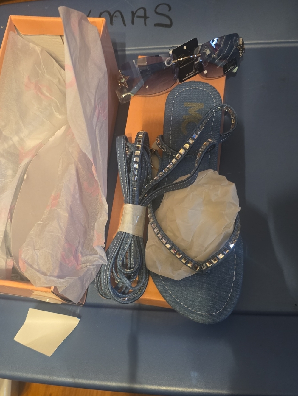 Studded Blue Denim Wrap Sandals And Matching Shades